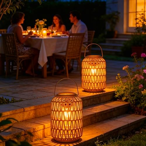 Cooo 2 Pack Rattan Solar Hanging Lanterns Waterproof Outdoor Edison Bulb - Image 4