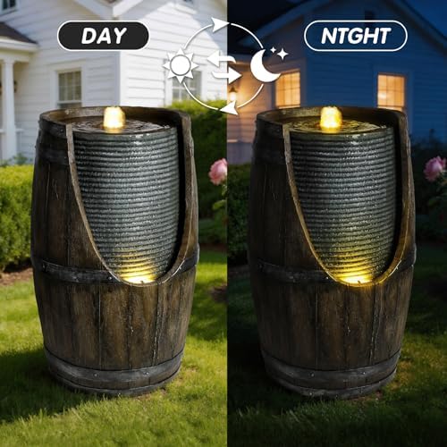 Rustic Barrel Water Fountain Outdoor with LED Lights, 24.8" Tall Cascading Water Feature for Patio, Lawn, Backyard & Garden, Natural Stone Look Resin Water Fountain Decor (Rustic Barrel 24.8" H) - Image 3