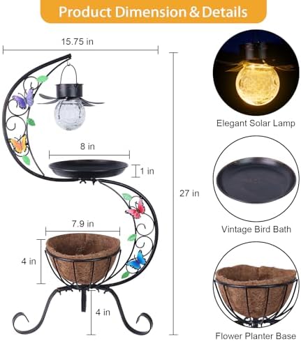 hogardeck Bird Bath for Outside with Solar Lamp, Metal Birdbaths for Outdoors with Flower Planter Pedestal, Vintage Birdbath for Garden Yard Patio Lawn Decor - Image 6