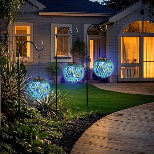 VCUTEKA Hanging Solar Lanterns, Light Blue Mosaic Solar Lights Garden Decor - Image 4