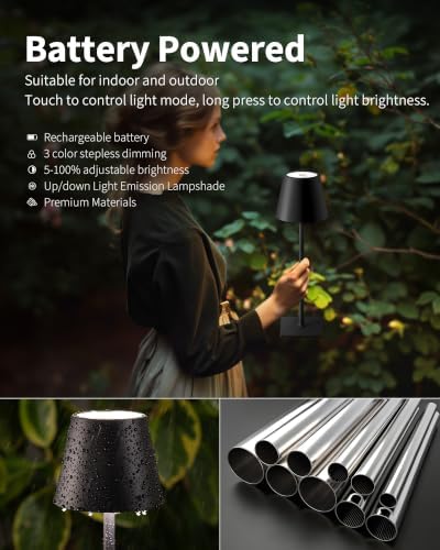 KDG 2 Pack Cordless Black Table Lamps, Rechargeable Portable LED Desk Lamps - Image 4