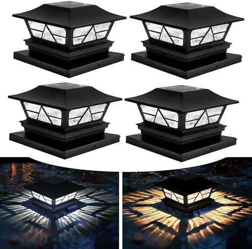 TW SHINE 4 Pack Solar Outdoor Fence Post Lights, 2 Modes Post Cap Lights Waterproof Color Changing Warm White/Cool White for Yard, Garden, Porch, Patio Decor, for 4x4 5x5 6x6 Wood Posts by TWSHINE