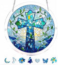 Jesus Cross Puzzle Acrylic Suncatcher Size 10 inches, Butterfly Garden Floral Sun Catchers, Christianity Window Hanging Ornaments, Memorial Gift, Stained Glass Effect Decor by GIKZO