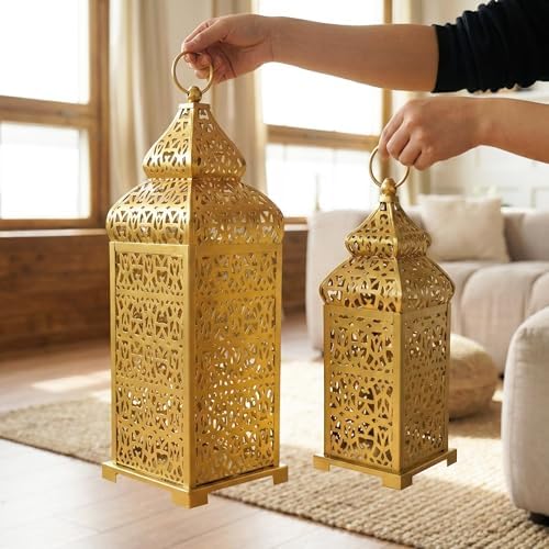 VELA LANTERNS 8pc Golden Temple Moroccan Lantern Lamp Decorative Candle Holders for Ramadan Decorations, Hanging, Outdoor Patio or Porch, Indoor Home Decor, Gold, (11" and 15" Tall) - Image 2