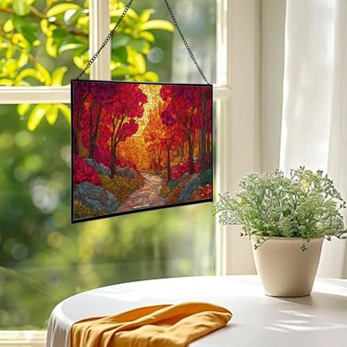 Path Through Glowing Autumn Forest Rectangular Stained Glass Suncatcher – Hanging Window Panel with Animal & Nature Scene – Vibrant Glass Art Gift for Wildlife, Fantasy, Nature Lovers nmbDYO - Image 2
