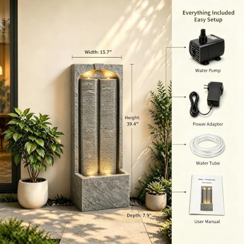 39" Outdoor Water Fountain, Modern LED Resin Water Wall Feature - Image 2