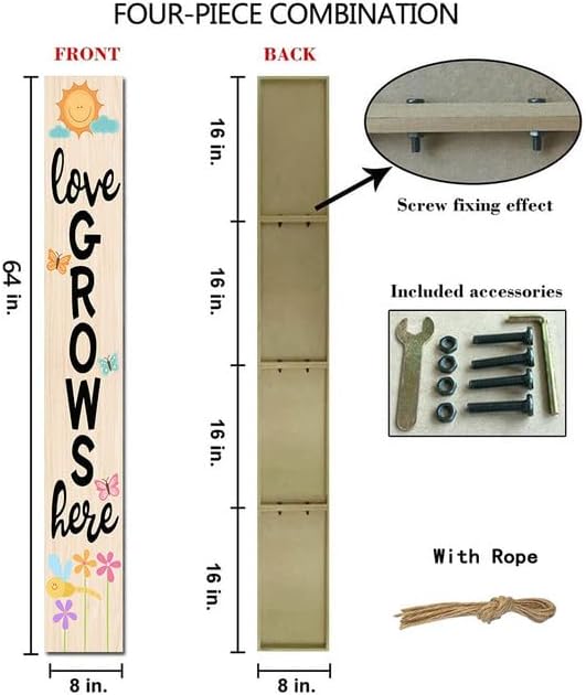 Spring Porch Sign Love Grows Here Sign for Front Door 8"x63" Spring Door Decor Vertical Wood Porch Sign Wooden Tall Welcome Sign Farmhouse Standing Wooden Hanging Sign for Home Indoor Outdoor - Image 4