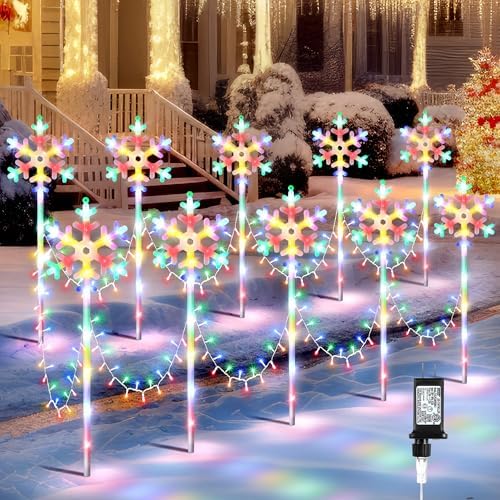 10 Pcs Christmas Snowflake Pathway Stake Lights for Outdoor Yard, 370 Bright LEDs Waterproof Large Christmas Snowflake Light Decoration for Garden Lawn Driveway Walkway Decor(Colorful) by ElectricWise