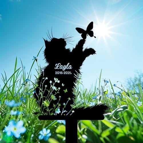 Custom Longhair Cat Memorial Stake, Cat Playing with Butterfly Grave Marker, Personalized Pet Loss Gift Metal Garden Plaque (Cat Playing with Butterfly) - Image 5