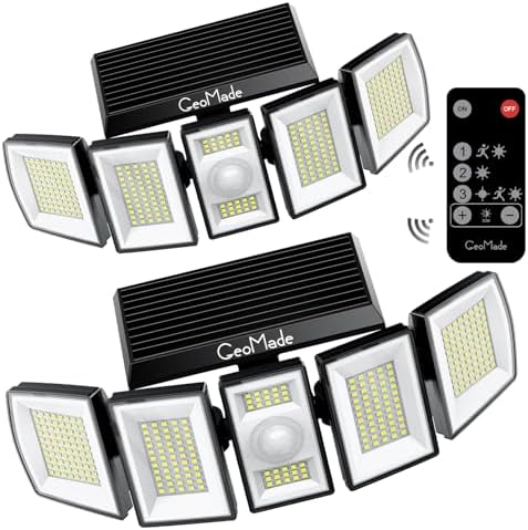Solar Outdoor Flood Lights, 5-Head 300LED Motion Sensor Security Light, 270° Dusk to Dawn Waterproof Spotlights for wall Backyard Garage, Remote Control, 2 Pack by GeoMade