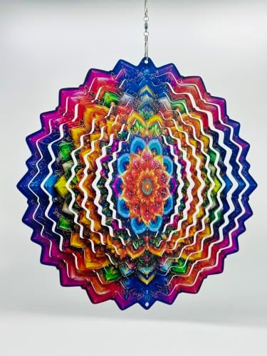 Shwing 12 Inch Rainbow Mandala Wind Spinner Colorful Boho Hanging Decor Vibrant Metal Ornament Outdoor Kinetic Garden Art 3D Wind Spinner for Patio Porch Backyard Decoration - Image 3