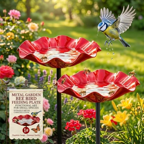 Bee Watering Station Metal Flower Garden Stakes Bird Bath Bowl Decorative Decor Mini Flowers Handmade Stake & Pollinator Water Baths for Outdoor Features Outside Grace on Feeder Birdbath by Unknown