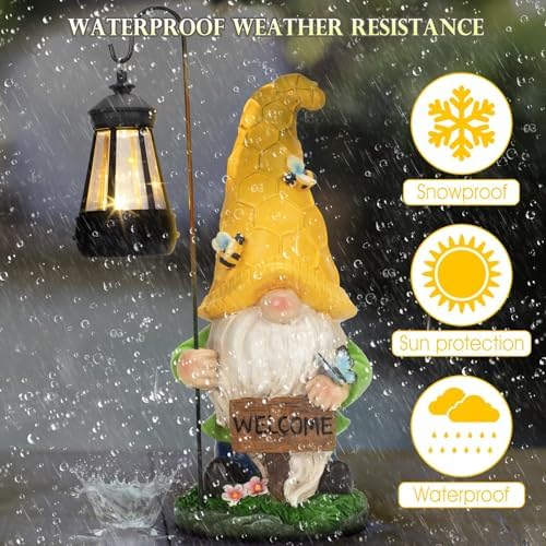 Solar Garden Gnome Statue with Lantern - Hand-Painted Resin Gnome Decor, IP44 Waterproof Outdoor Figurine for Yard Patio Porch, for Mom Women Housewarming Christmas - Image 2