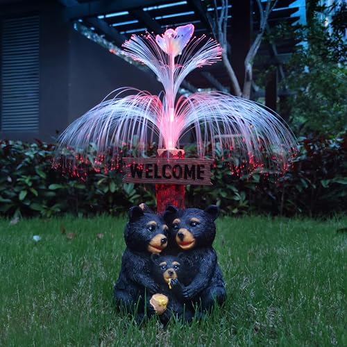 Solar Bear Garden Statues,Resin Black Bear Family Figurine with Welcome Card and 7-Color Changing Optical Fiber with Solar Lights, Lawn Decor Outdoor Statue for Patio,Balcony,Yard,Lawn by Unknown