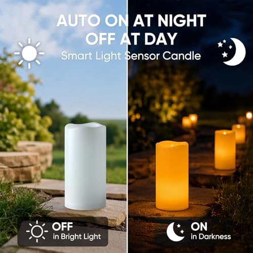 Homemory Outdoor Waterproof Flameless Candles with Auto Light Sensor, Flickering LED Pillar Candles, Dusk to Dawn Battery Operated Fake Candles Lanterns, Porch, Patio, Garden Decor, Set of 6 - Image 2