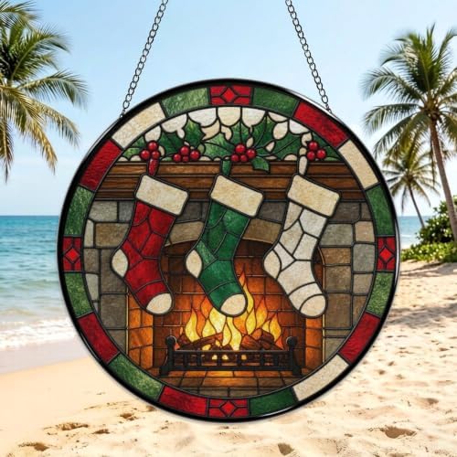 Christmas Fireplace Stockings Stained Glass Suncatcher 9.8" Colorful Window Hanging Ornament, Retro Sun Catcher Decor with Chain for Home Wall Garden Birthday Christmas Mothers Day - Image 3