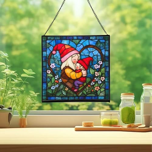 Gnome Hugging Child Stained Glass Suncatcher – Square Hanging Window Panel for Home, Garden, Nursery, Halloween, Christmas, Memorial Day – Whimsical Glass Art Gift for Gnome Lovers abowiz - Image 2