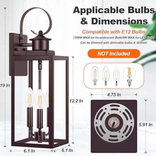 19" Large Outdoor Wall Light, 3-Light Brown Exterior Wall Light Fixture - Image 6