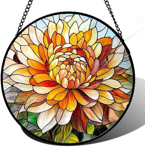 Orange White Flower Stained Glass Window Hanging Suncatcher Gifts 15" by Follow