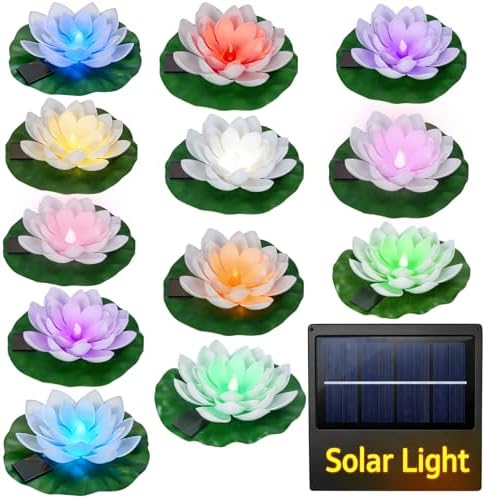 12 PCS Floating Lotus Flower Solar Pool Lights with Lily Pads (Multicolor) by MHMJON