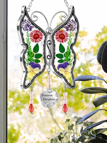 KY&BOSAM Butterfly Suncatcher Precious Daughter Stained Glass Sun Catchers Hangings for Windows Wind Chime Ornament with Real Flower Wings and Metal Charm Birthday Gifts for Mother`s Day Valentine's - Image 4