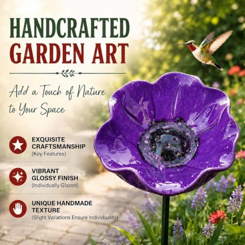 Handmade Metal Flower Bird Bath, Bee & Butterfly Watering Station, Decorative Outdoor Garden Stake with Vibrant Glossy Bowl for Yard Patio Lawn Planter - Image 3