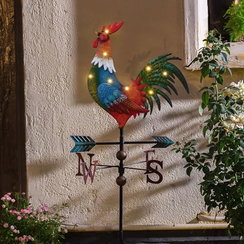 TERESA'S COLLECTIONS Garden Decor with Solar Outdoor Lights, Red Rooster Yard Art Sign for Outside, 39.4'' Metal Weathervane Decorative Garden Stake for Outdoor Decor Lawn, Gifts for Mom - Image 2