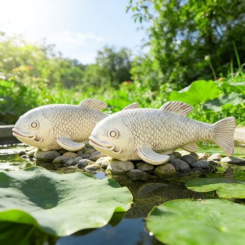 Teaeeno Set of 2 Antique Koi Fish Statue, Outdoor Garden Sculpture for Patio, Backyard, Pond, and Home Decor (White) - Image 2