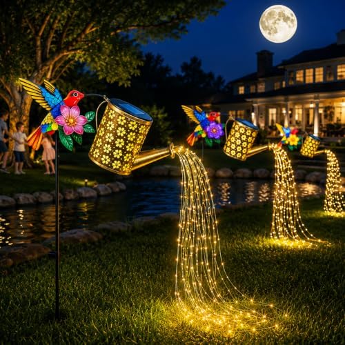 Solar Hummingbird Garden Lights with Watering Can Lantern, Pathway Lights for Garden Lawn Patio Pond Driveway Porch, Outdoor Decorative Lighting for Christmas Halloween Thanksgiving Spring Summer - Image 2