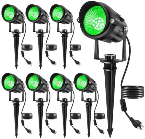 Halloween Green Landscape Lights Outdoor, 14 LED Landscape Lighting with US Plug, IP65 Waterproof Spotlights for Tree Yard Garden Pathway St. Patrick's Day Christmas Decor 8 Pack by CREPOW