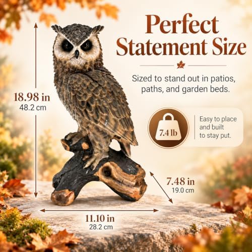 18.98" Realistic Owl Garden Statue, Resin Bird Deterrent, Brown Yard Decor - Image 3
