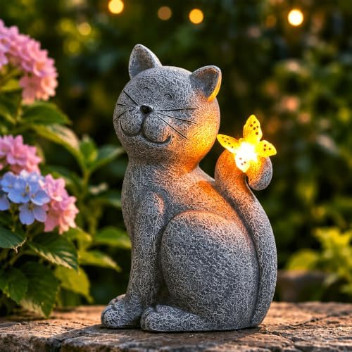 Solar Cat Garden Statue: Outdoor Figurine with Butterfly by welcometoAcgarten