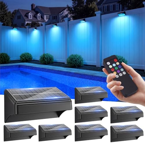 VOLISUN Fence Lights Solar Powered with Remote 8 Pack, Warm White, Cool White and RGB Color Glow LED Solar Lights Outdoor, Dusk to Dawn Solar Fence Lights for Patio, Backyard, Railing, Deck, and Wall by VOLISUN