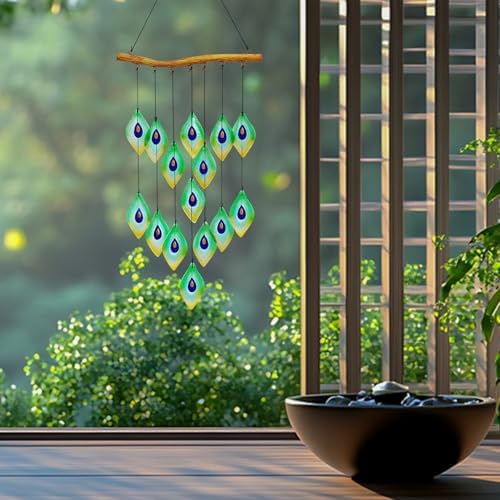 Handmade Peacock Feathers Glass Wind Chimes – Sea Glass Garden Windchimes for Outside, Hand-Painted Glass Suncatcher, Durable - Image 7