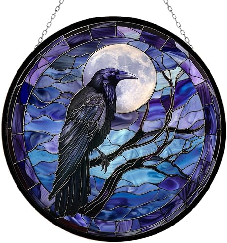 Moon Crow Stained Glass Window Hanging 12' Round Blue Flower Glass Panel Farmhouse Style Suncatcher Perfect Housewarming Gift (with Chain Hook) by 365CUSGIFTS