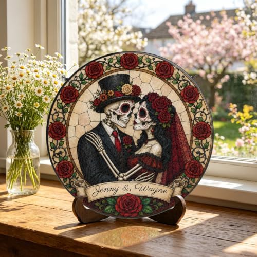 Personalized Skeleton Couple Stained Glass Suncatcher, Gothic Wedding Skull Window Hanging Decor with Name, Romantic Love Sun Catcher Couples Anniversary Wedding Gift for Halloween Gothic Décor 11.81" - Image 6