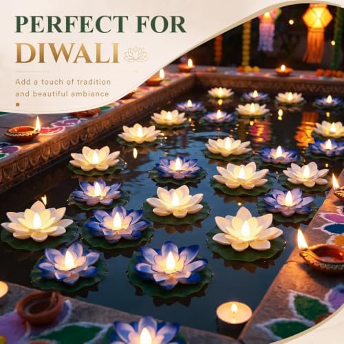 Liliful 24 Pcs Diwali Floating Lotus Lights, 3.94 Inch, White,Blue - Image 5