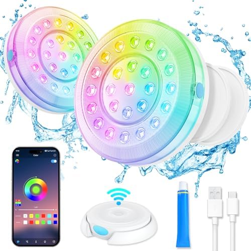Homly Rechargeable Submersible Pool Lights with Wireless APP Control, Waterproof Underwater Smart LED Lights Controlled Multiple Lighting Modes, 4000mAh Magnets Lights for Multi Scene Pool Decoration by HOMLY