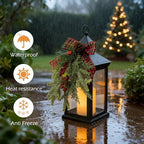 Christmas Decorative Lantern with LED Candle – Black Holiday Lantern with Pinecones, Red Bow – Battery Operated Christmas Table Centerpiece for Indoor/Outdoor Decor(1pack) - Image 2