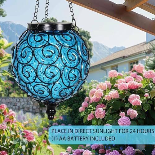 Solar Hanging Lantern Outdoor Garden Lights, Round Glass and Metal Hanging Lantern, 15 Firefly LED Lights, 7 x 20 Inch (Blue) - Image 6