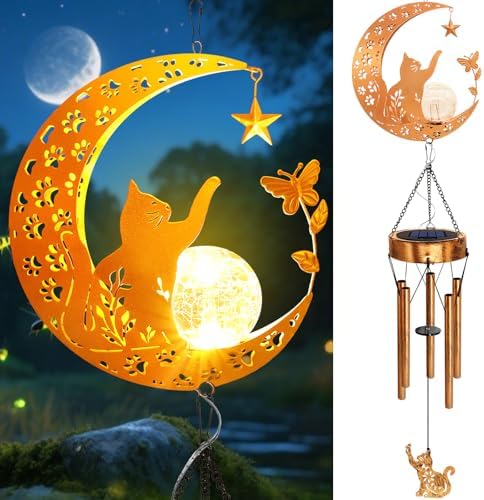 Solar Moon Cat Wind Chimes,Cat Lover Gifts for Mom Women Mothers Day by YJFWAL