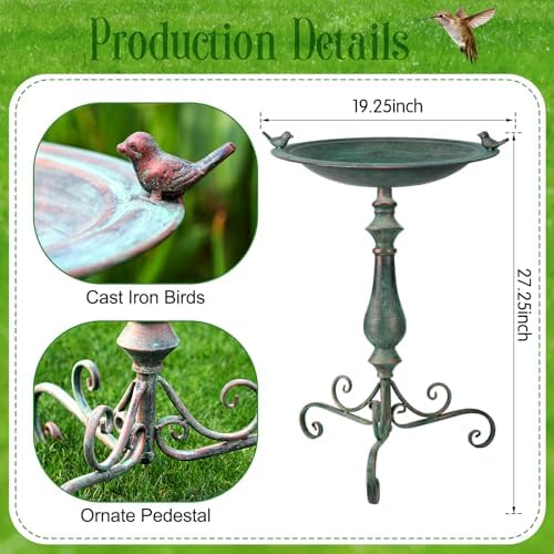 Newtay 27.25 Ornate Metal Pedestal Style Birdbath with Cast Iron Vintage Birds Baths for Outdoors on Rim Full Base Standing Bird Bath Tray for Garden Yard Decoration, Green, Not Easy to Rust - Image 2