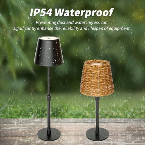Mr.White Outdoor Waterproof Rechargeable Cordless Table Lamp with Telescopic Pole & Wicker Shade, 5200mAh Battery Operated Table Light with Touch Control, for Patio Restaurant Kitchen (Black) - Image 3