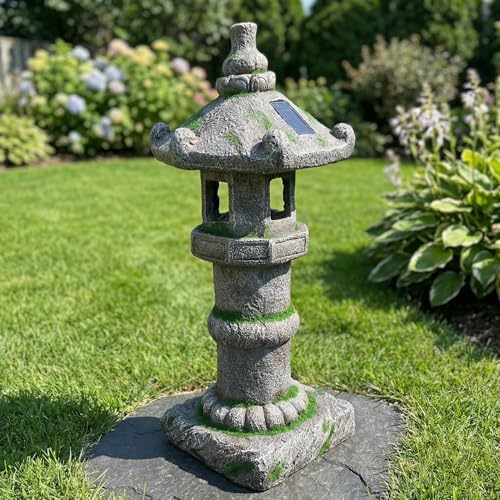 26" H Large Asian Zen Pagoda Outdoor Moss Solar-Powered Statue by GRASOLAR