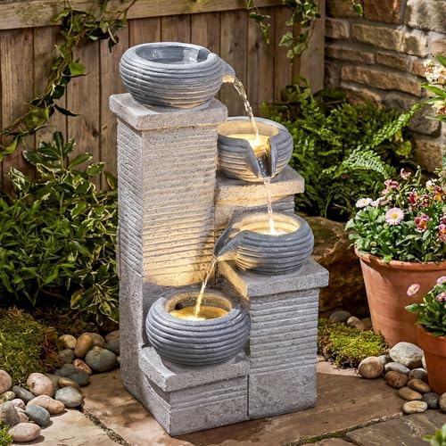 Giantex 4-Tier Water Fountain Outdoor, 23 Inch Cascading Bowls Waterfall Fountain with Warm LED Lights & Pump, Outside Zen Water Feature for Patio, Balcony, Deck, Garden, Yard Decor by Giantex