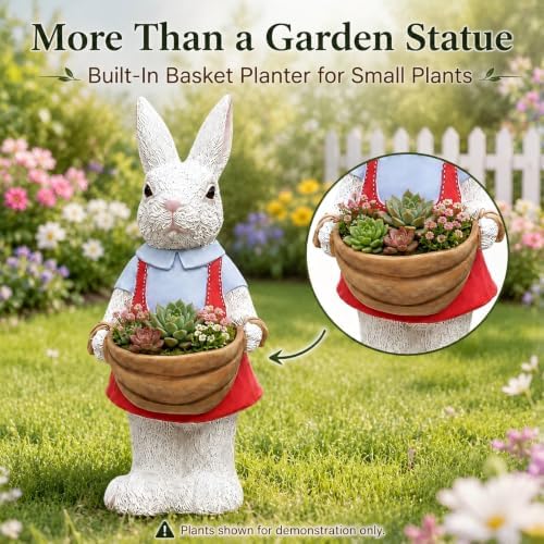 Pink Bunny Planter Garden Statue with Basket, 16.14in Resin Outdoor Decor - Image 4