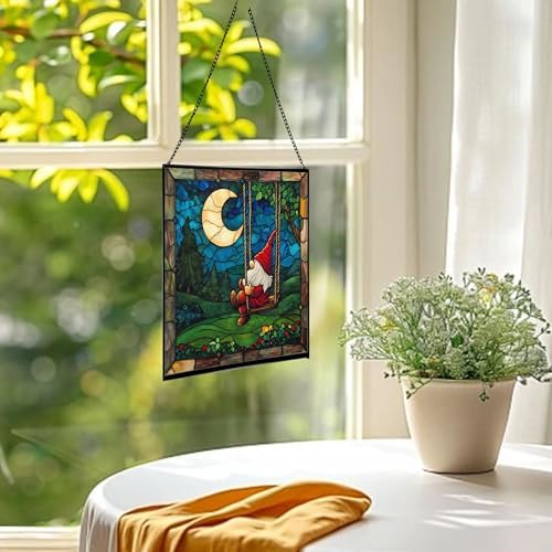 Moon Swinging Gnome Stained Glass Suncatcher – Square Hanging Window Panel for Home or Greenhouse – Whimsical Glass Art Gift for Garden Lovers, Christmas, Halloween, Father Days ngKsmH - Image 3