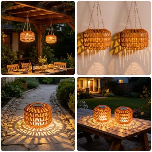 2 Pack Solar Hanging Lanterns Outdoor Waterproof, Solar Rattan Chandelier Outdoor with 7.75in Boho Lantern, Hanging Pendant Lights for Outside Tree, Patio Decor for Garden Gazebo Porch Backyard Gifts - Image 5