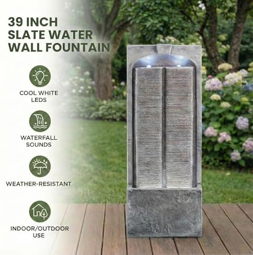 39" Modern Outdoor Water Fountain with LED Lights, Freestanding Waterfall - Image 4