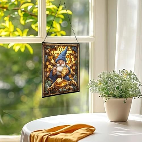 Honey Gnome Feast Stained Glass Suncatcher – Square Hanging Window Panel for Home or Greenhouse – Whimsical Glass Art Gift for Garden Lovers, Christmas, Halloween, Father Days BRew6v - Image 3